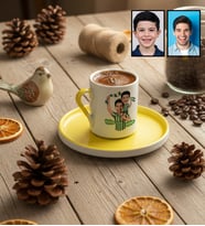 Kişiye Özel Karikatürlü Yeşil Beyaz Baba Oğul Türk Kahvesi Fincanı Babalar Günü Hediyesi