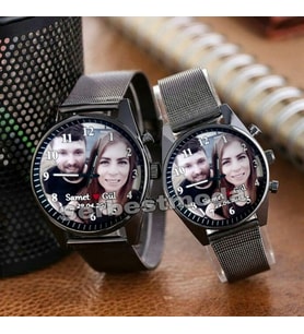 Erkek Bayan Saat Çift Sevgili Saatleri Kişiye Özel Fotoğraf Baskılı Kol Saatleri Sevgiliye Hediye Saat Kombini Metal Kordon Saat Doğum Günü Yıl Dönümü Hediyesi (Siyah)