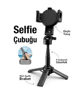 Kablosuz Bluetooth Selfie Çubuğu, Manyetik Tripod, Siyah Renk