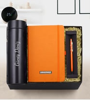 Kişiye Özel 500 ML Siyah Renk Dereceli Termos & Turuncu Touch Pen & Turuncu Defter Hediye Seti