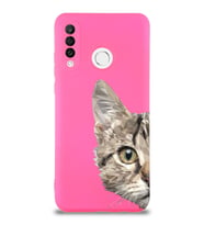 Huawei P 30 Lite Uyumlu Lansman Kılıf Catface Tasarımlı İçi Kadife Neon Pembe Kapak (Şeffaf)