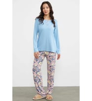 Düz Desenli Kombinli Pijama Takım - Mavi