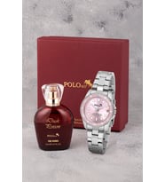 Polo Air Mercek Takvimli Kadın Kol Saati Ve 55 ml Parfüm Bordo Kutsunda Set Gümüş Pembe Renk ST-2188S5