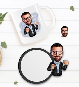 BK Gift Kişiye Özel Erkek Karikatürlü Beyaz Kupa ve Ahşap Bardak Altlığı Hediye Seti-50