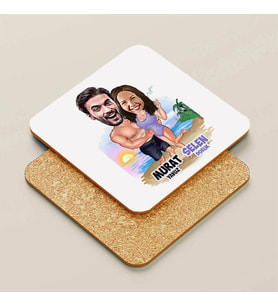 Kişiye Özel Tatildeki Aşıklar Karikatürlü Bardak Altlığı