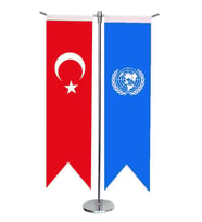 Masa Üstü Kırlangıç Birleşmiş Milletler + Türk Bayrağı + Krom T Direk Masa Bayrak Seti