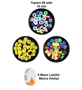 90 Adet 10 mm Polimer Kil Fimo Boncuk Takı Bileklik + 5 Metre Misina Hediye - Smile - Kalp - Nazar
