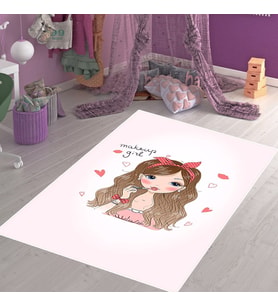 Make Up Girl Kız Desenli Dijital Baskı Yıkanabilir Kaymaz Taban Genç Kız Odası Halısı (Pembe)