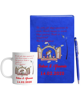 Sevgililer Gününe Özel Mavi Defter Kalem & Kupa Hediye Seti 9