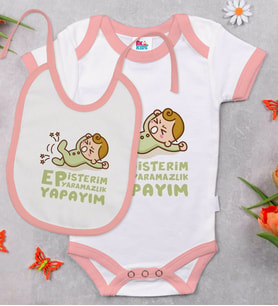 BK Kids Ep İsterim Tasarımlı Pembe Bebek Body Zıbın ve Mama Önlüğü Hediye Seti-2