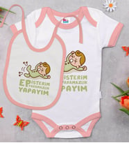 BK Kids Ep İsterim Tasarımlı Pembe Bebek Body Zıbın ve Mama Önlüğü Hediye Seti-2