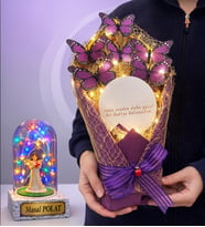 Led Işıklı Aynalı Mor Kelebek Buketi Kişiye Özel Renkli Işıklı Fanus Hediyeli (Model 2)