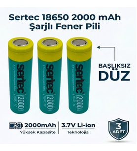 Sertec 18650 Şarjlı Pil 2000mAh Fener Pili 3.7V Li-ion Başlıksız Düz 3lü
