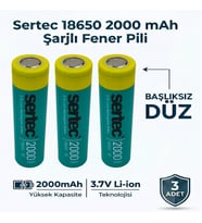 Sertec 18650 Şarjlı Pil 2000mAh Fener Pili 3.7V Li-ion Başlıksız Düz 3lü