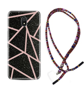 Xiaomi Redmi 8A 8 Pro 9C 9T 10C 11T Pro Kılıf Boyun Asklı Rasta Silikon Pembe Şeritli Mermer 1312
