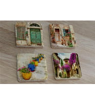 Ahşap Kapılar Vazoda Çiçekler ve Begonviller Doğal Taş Bardak Altlığı 4'lü set - Natural Stone Coasters