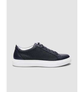 %100 Hakiki Deri Lacivert Kare Desenli Bağcıklı Erkek Sneaker