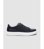 %100 Hakiki Deri Lacivert Kare Desenli Bağcıklı Erkek Sneaker