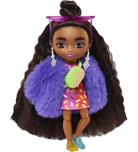 Barbie Extra Mini Bebekler (14 Cm), Mavi Ceketli, Koyu Renk Saçlı Bebek, Aksesuar Ve Stand, 3 Yaş Ve (Çok Renkli)