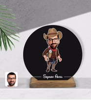 BK Gift Kişiye Özel Kovboy Karikatürlü Yuvarlak Ahşap Biblo-1