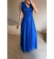 Neşeli butik kadın drapeli ışıltılı kalın askılı abiye elbise NM003 (Saks)