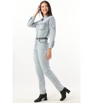 Kadın Etnik Desenli Kemerli Jean Tulum Açık Mavi