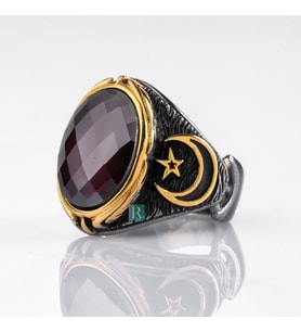 Ay Yıldız Takı 925 Ayar Gümüş Yüzük Zirkon Taşlı Lüks 14k Rodyum Kaplama (Kırmızı)