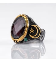 Ay Yıldız Takı 925 Ayar Gümüş Yüzük Zirkon Taşlı Lüks 14k Rodyum Kaplama (Kırmızı)