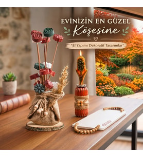 Evinizin En Güzel Köşesine 6 Parça Dekoratif Set Mumluk, Alçı Vazo, Çiçek Aranjmanı ve Tepsi – El Yapımı
