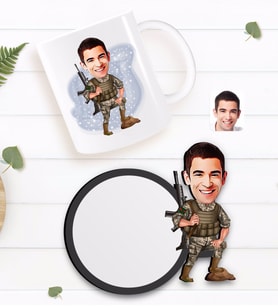 BK Gift Kişiye Özel Uzman Çavuş Karikatürlü Beyaz Kupa ve Ahşap Bardak Altlığı Hediye Seti-1