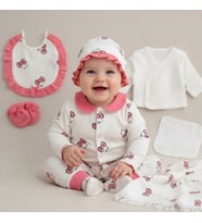 Kız bebek Hello Kitty Figürlü müslin kumaş  Yenidoğan 10 Parça Hastane Çıkışı Zıbın Seti (Yılbaşı Kırmızısı)