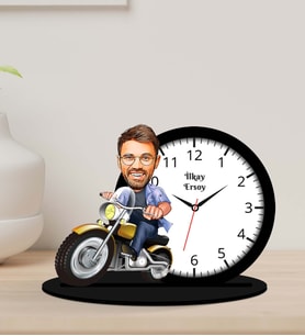 Kişiye Özel Karikatürlü Motorcu Ahşap Biblo Masa Saati