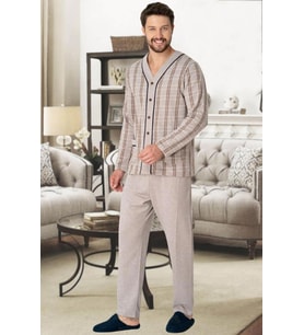 Mecit 2767 Kahve Önden Düğmeli Büyük Beden Erkek Pijama Takımı (Kahverengi)