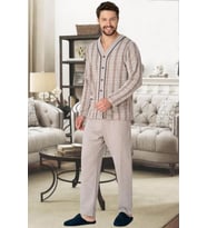 Mecit 2767 Kahve Önden Düğmeli Büyük Beden Erkek Pijama Takımı (Kahverengi)