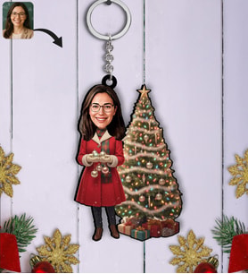 BK Gift Kişiye Özel Kadın Yılbaşı Karikatürlü Ahşap Anahtarlık -6, Yeni Yıl Hediyesi, Yılbaşı Hediyesi