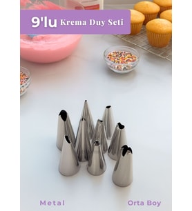 Orta Boy 9’lu Metal Krema Duy Seti – Pasta Duyu Cupcake ve Kurabiye Krema Duyu Süsleme