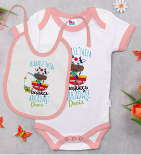 BK Kids Kişiye Özel Babasının Balıkçı Arkadaşı Tasarımlı Pembe Bebek Body Zıbın ve Mama Önlüğü Hediye Seti-1