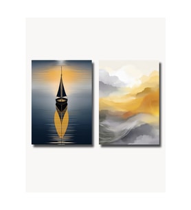 Çerçevesiz Poster 2'li Set, Soyut Gün Batımı ve Yelkenli Tekne Temalı Modern Dekorasyon (Çok Renkli)