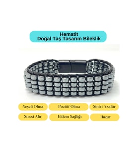 Sertifikalı Hematit Doğal Taş Tasarım Erkek Bileklik Siyah Renk