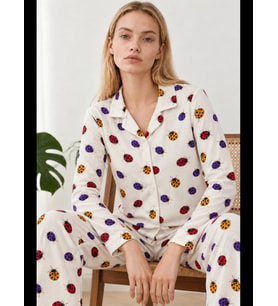 Night Beyaz Kadın Uğur Böcekli Gömlek Yaka Pijama Takımı 4827