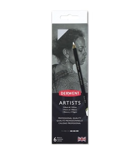 Derwent Artists Pencils Kuruboya Kalemi 6'lı Teneke Kutu (Siyah ve Beyaz Tonları) 