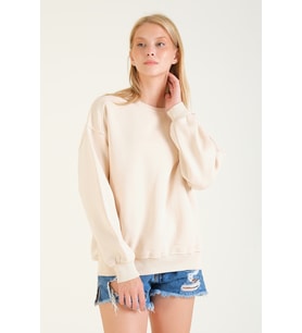 Giyim Dünyası Kadın 3 İp Şardonlu Sıfır Yaka Oversize Sweatshirt Taş