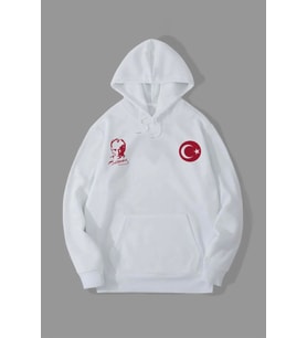 10 Kasıma Özel Üç İplik Kapşonlu Baskılı SweatShirt - Beyaz