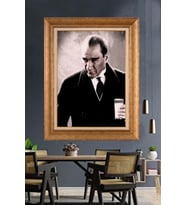 Altın Varaklı Çerçeveli Paspartulu Atatürk Tablo nh268 (Gold)