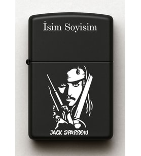 Jack Sparrow Desenli Kişiye Özel İsimli Siyah Benzinli Metal Çakmak