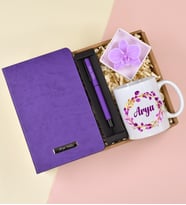Kişiye Özel Baskılı Kupa& Mor Termo Defter& Mor Kalem& Orkide Çiçeği Model Mor Renkli Mum Hediye Seti