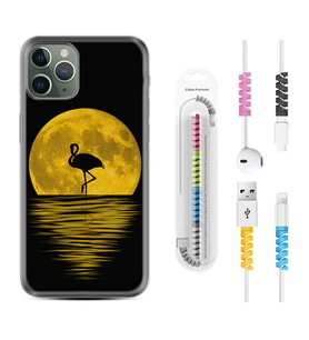 Apple iPhone 11 12 13 14 Pro Max Kılıf Kablo Koruma Spiral Silikon Ay ve Flamingo 1775