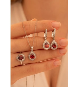 Kadın Gümüş Set - Mekik Model Yakut Taşlı Zirkon Süslemeli Rodyumlu Kadın Set