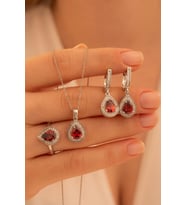 Kadın Gümüş Set - Mekik Model Yakut Taşlı Zirkon Süslemeli Rodyumlu Kadın Set