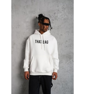 Erkek 3 İplik Pamuklu Kapüşonlu Baskılı Cepli Oversize Sweatshirt Hoodie - Beyaz